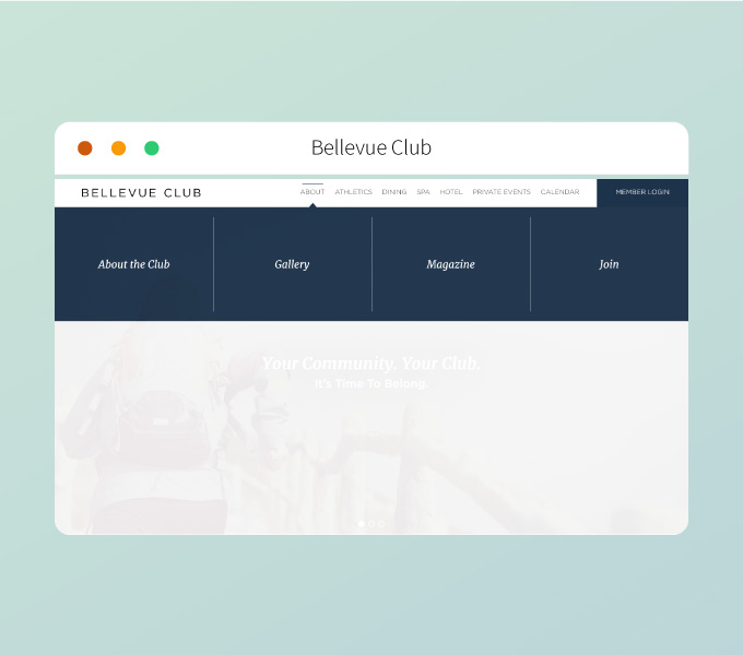 BellevueClub.com - Main navigation menu with faded background.