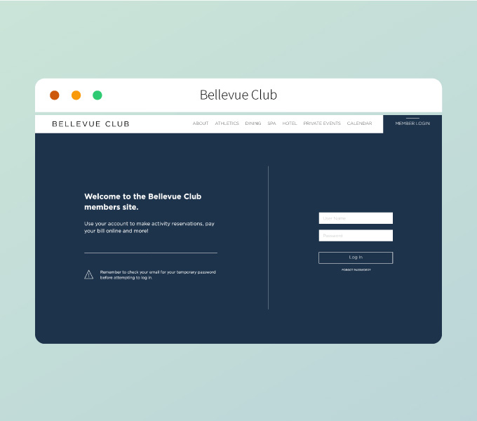 BellevueClub.com - Main navigation menu with faded background.